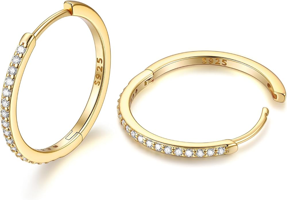 JustBeingCute 925 Sterling Silver Hoop Earrings for Women 14K Gold Plated Small Huggie Earrings Hypoallergenic Cubic Zirconia Cartilage Hoop Earring(8/10/12/14/16/18/20mm)