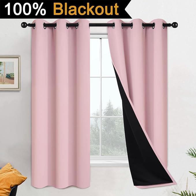 Yakamok Pink 100% Blackout Curtains 63 Inches Long for Bedroom 42" Wide | Blackout Curtain Panels for Bedroom, 2 Thick Layers Grommet Top Thermal Insulated Drapes with Black Liner for Living Room