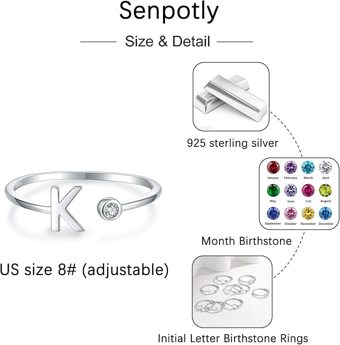 925 Sterling Silver Initial Letter Birthstone Rings for Women Adjustable 1-12 Month Birthstone Alphabet Stacking Ring for Teens Girls Stackable Birthstone Rings Birthday Jewelry Gift for Daughter Mom