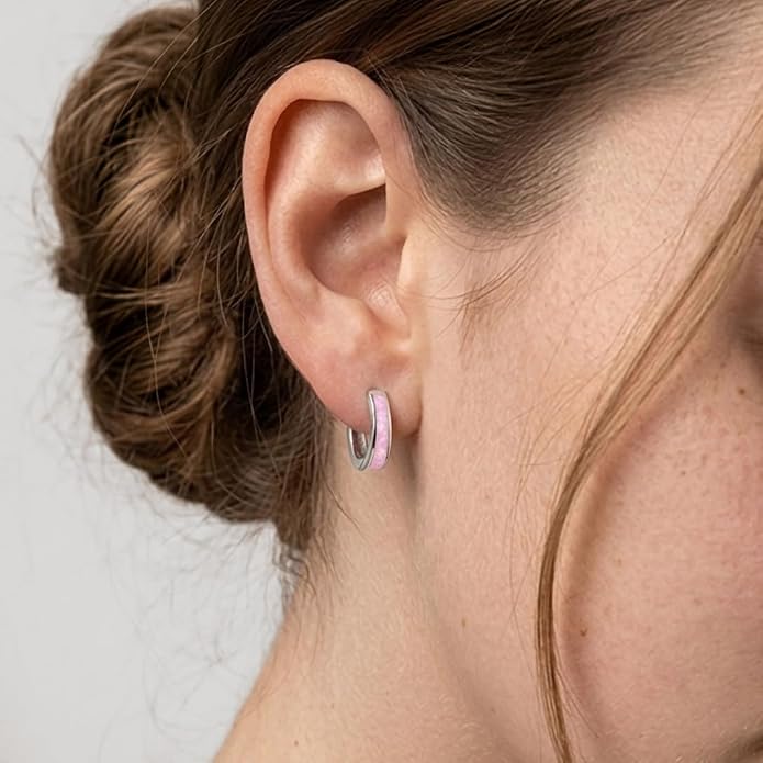 925 Sterling Silver Chunky Simulated Opal Inlay Huggie Hoop Earrings For Little Girls and Preteens 8mm - Young Girls Chunky Hoop Earrings For Everyday Use