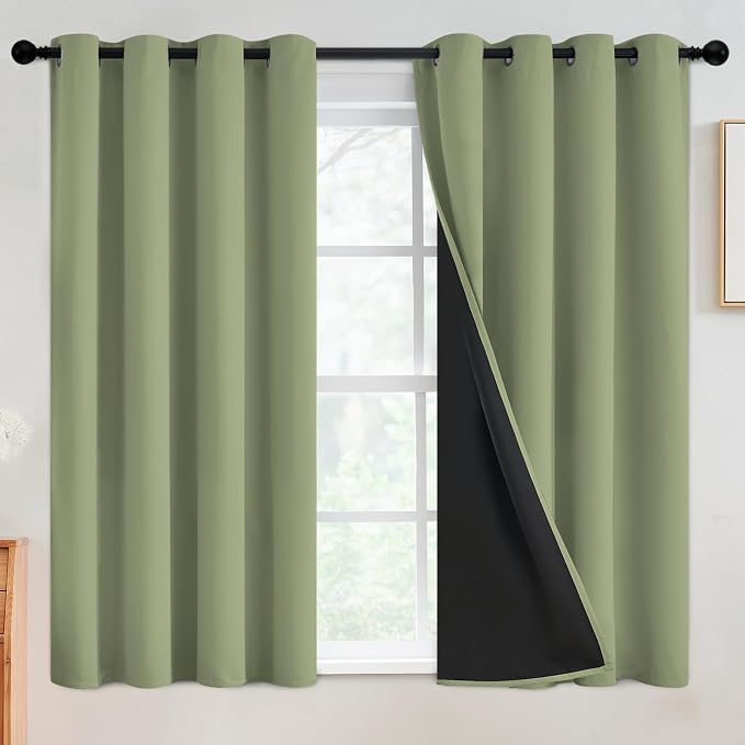 SimpleHome Sage 100% Blackout Curtains Room Darkening Living Room 54 Inch | Curtains for Bedroom,Thermal Insulated Grommet Window Drapes,Curtains for Living Room with Black Back,52 x 54 Inch,2 Panels
