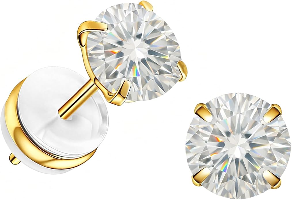 Moissanite Stud Earrings in 14K White Gold Plated Titanium | HypoAllergenic Earrings for Women & Men