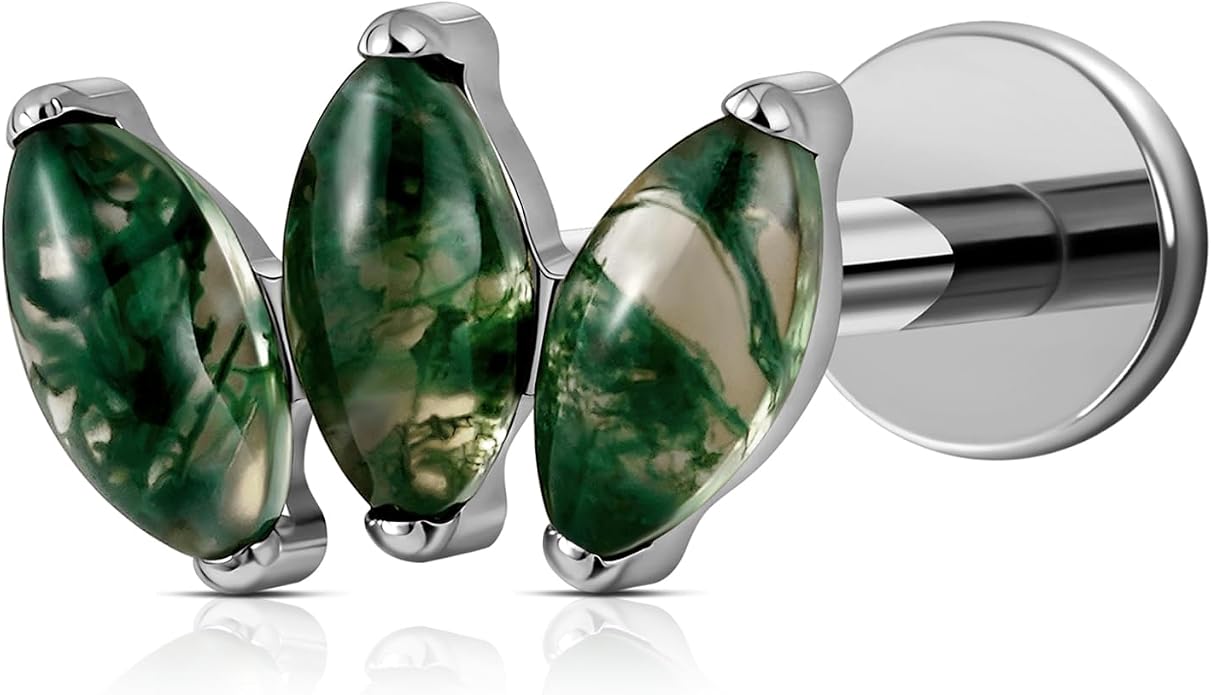 FINE4U 16G Moss Agate Body Piercing Jewelry for Helix Flat Tragus Lobe 16G 6mm 8mm - ASTM F136 Titanium Screw on Flat Back Stud, Hypoallergenic Cartilage Earring