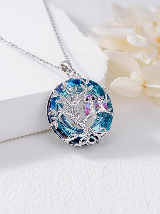 TOUPOP Sterling Silver Tree of Life Hummingbird/Dragonfly/Owl/Panda Necklace Crystal Bird Jewelry Birthday Christmas Valentines Day Gifts for Her Girlfriend Mom