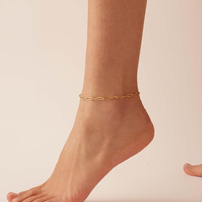 Dainty Ankle Bracelets for Women 18K Gold Plated Satellite Beaded Herringbone Lip Chain Anklets Simple Minimalist Summer Beach Foot Jewelry Christmas Gifts
