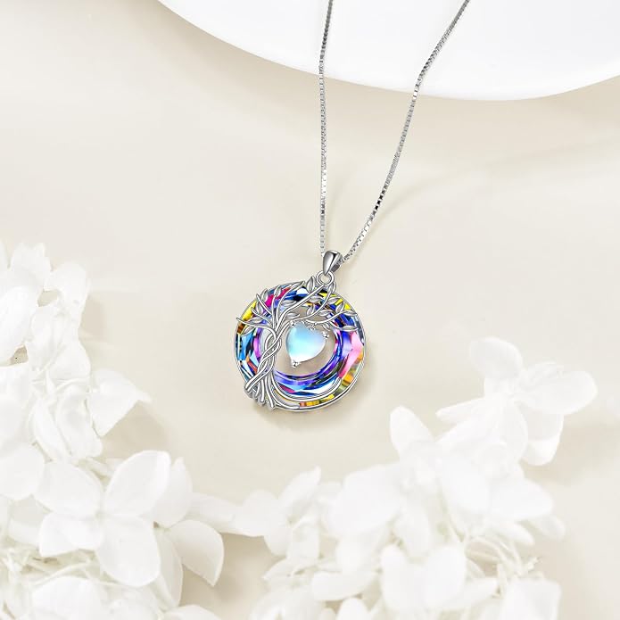 POPLYKE Mothers Day Gifts for Mom Her Wife Tree of Life Necklace 925 Sterling Silver Birthstone Pendant with Crystal Anniversary Birthday Wedding Jewelry for Women