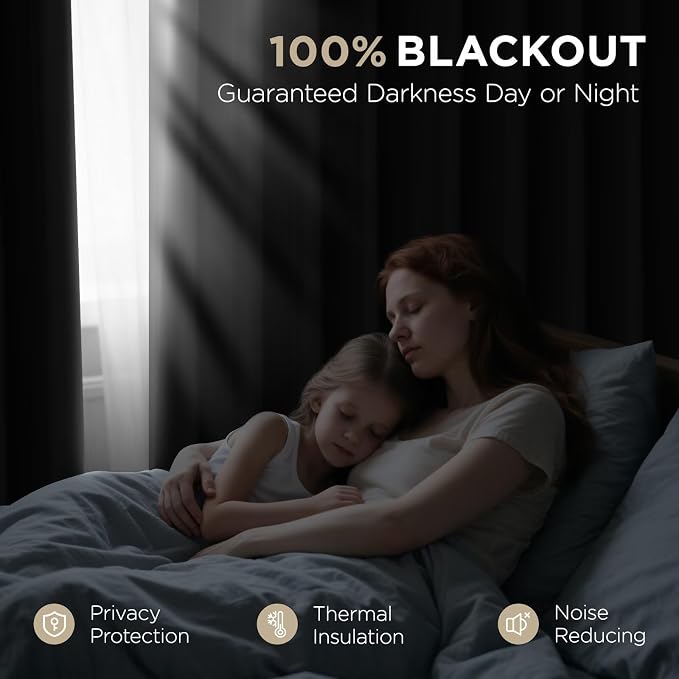 Joydeco 90 Inch Blackout Curtains for Bedroom,Thermal Insulated Black Out Curtains 2 Panels Set, Room Darkening Drapes for Living Room Window Rod Pocket Back Tab (W37 x L90 Inch, Black)
