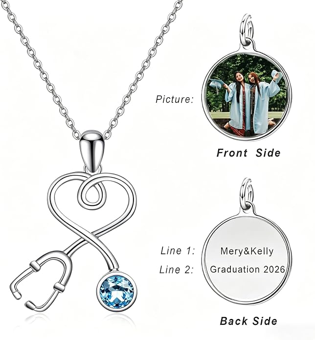 AOBOCO Stethoscope Necklace 925 Sterling Silver Embellished with 12 Months Birthstone Crystals from Austria, Graduation Gifts Medical Jewelry for Doctor Nurse Medical Student RN