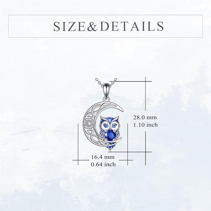 Owl Birthstone Necklace Sterling Silver Celtic Moon Pendant Cubic Zirconia Owls Jewelry Birthday Gifts for Women Men