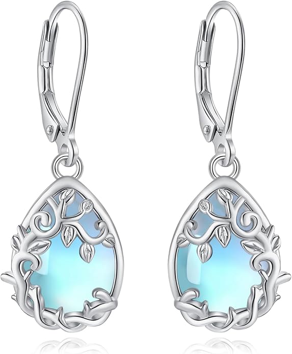 Vito 925 Sterling Silver Teardrop Earrings for Women, Moonstone Turquoise Drop Dangle Earrings Cat Snake Turtle Tree of Life Leverback Earrings Boho Jewelry Gift for Mom Wife