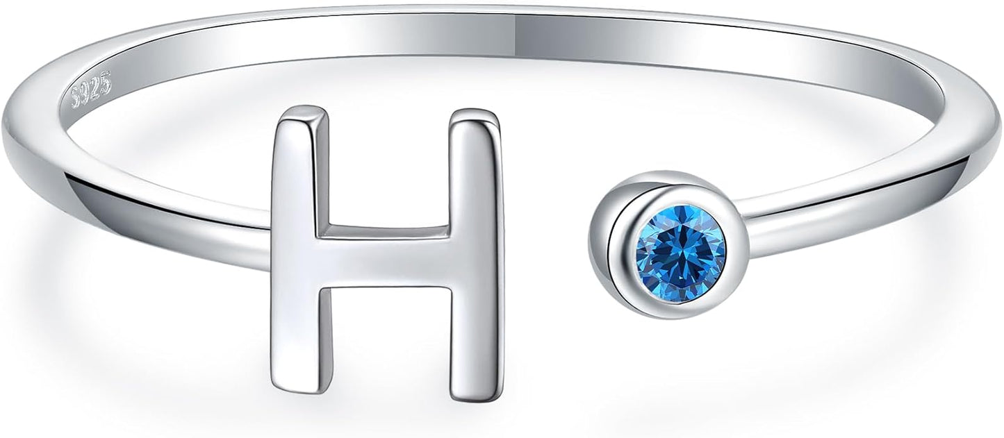 925 Sterling Silver Initial Letter Birthstone Rings for Women Adjustable 1-12 Month Birthstone Alphabet Stacking Ring for Teens Girls Stackable Birthstone Rings Birthday Jewelry Gift for Daughter Mom
