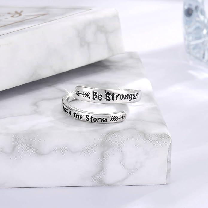 Sterling Silver Just Breathe Ring: Inspirational Encouragement Rings Adjustable Motivational Hope Jewelry Gift for Women
