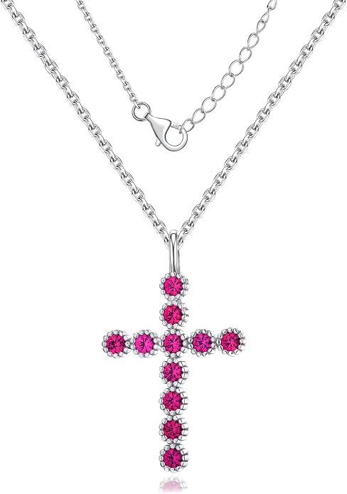 Sterling Silver Cross Necklace for Women Birthstone Religious Jewelry