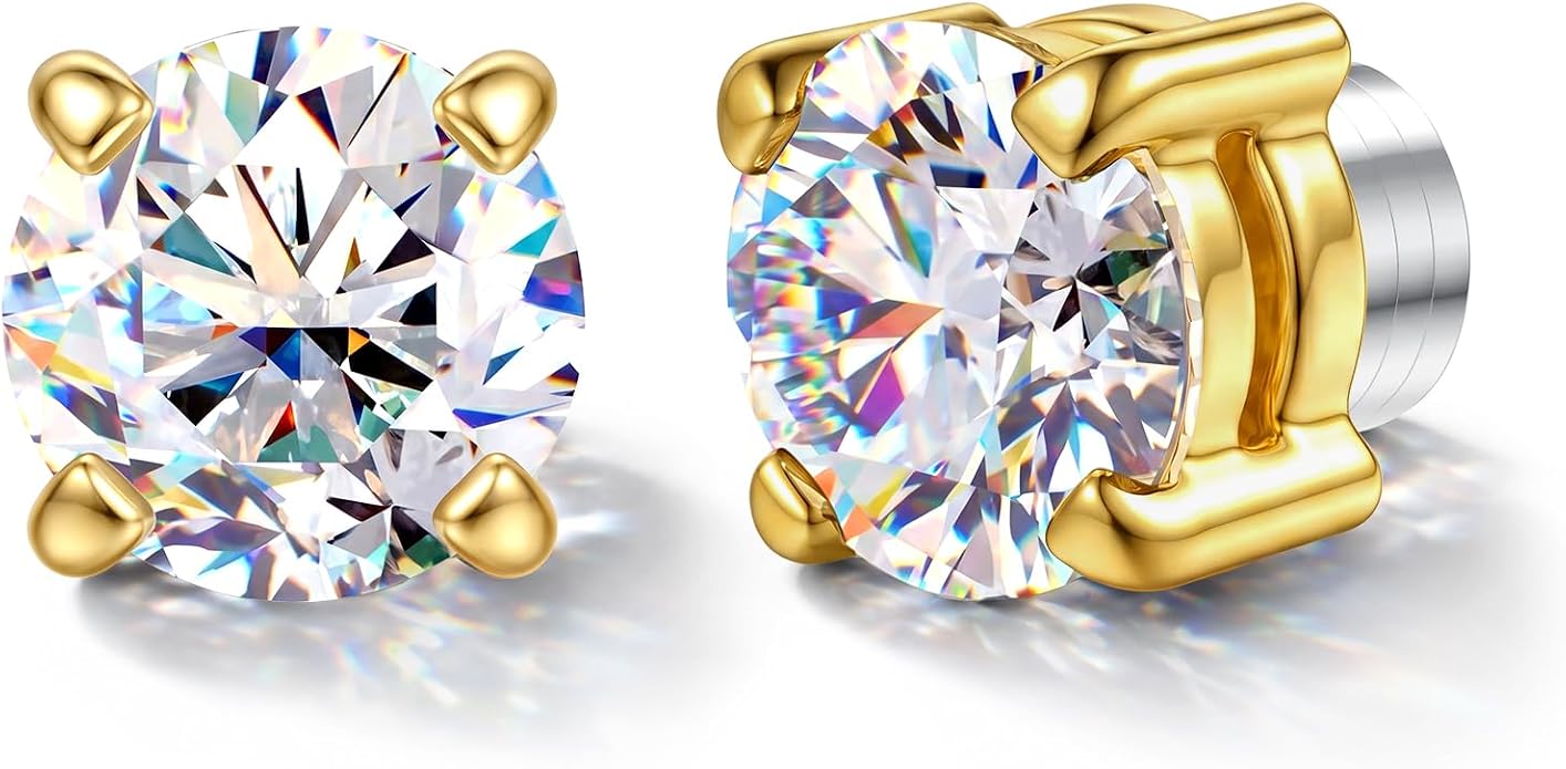 GEMQUEEN Moissanite Magnetic Earrings for Men Women : 18K White Gold Plated Hypoallergenic Stainless Steel Non Piercing Clip on Fake Earrings Studs Dainty Moissanite Earring Jewelry D Color VVS1