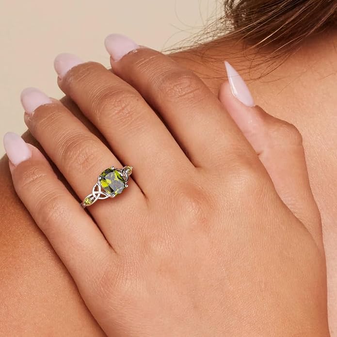 925 Sterling Silver Birthstone Rings for Women Cushion Cut Engagement Celtic Knot Ring Irish Jewelry Created Gemstone Anniversary Rings Size 6-10(with Box)
