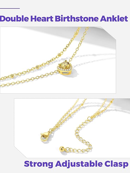 Richsteel Double Layer Heart/Butterfly Birthstone Anklet for Women Non Tarnish Waterproof, Silver/Gold/Black Stainless Steel 8.5-10.5 Inch Adjustable Chain Anklets Jewelry Gifts for Her