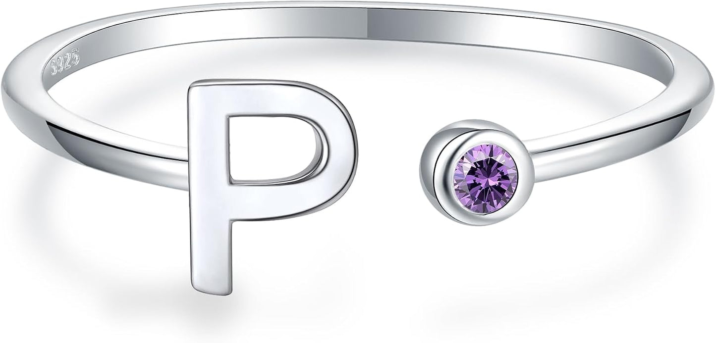 925 Sterling Silver Initial Letter Birthstone Rings for Women Adjustable 1-12 Month Birthstone Alphabet Stacking Ring for Teens Girls Stackable Birthstone Rings Birthday Jewelry Gift for Daughter Mom