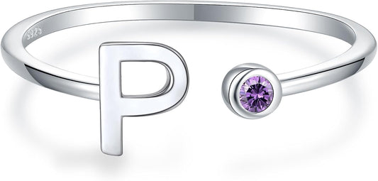 925 Sterling Silver Initial Letter Birthstone Rings for Women Adjustable 1-12 Month Birthstone Alphabet Stacking Ring for Teens Girls Stackable Birthstone Rings Birthday Jewelry Gift for Daughter Mom