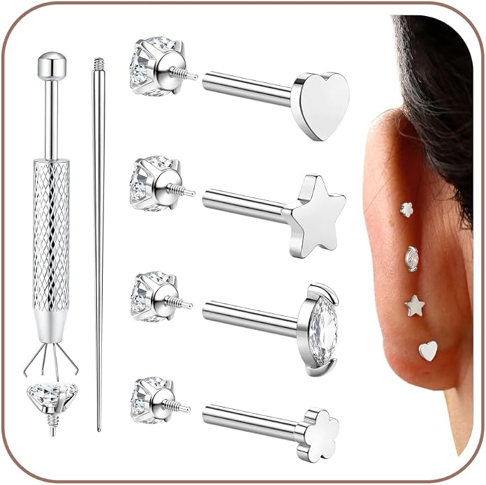 Drperfect 18G Reversible Flat Back Stud Earrings for Women Hypoallergenic Surgical Steel 14K Gold Silver Plated Internal Thread Stud Piercing Jewelry for Tragus Helix Cartilage Conch Piercing