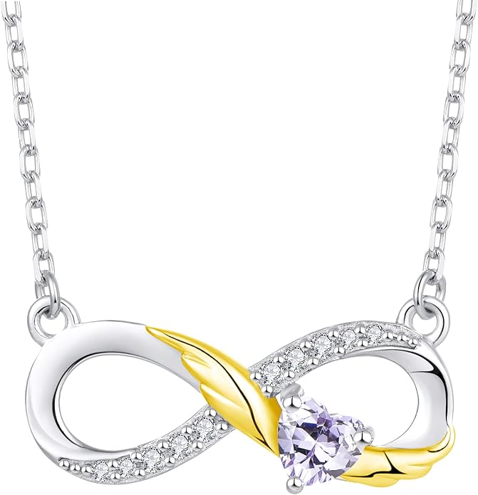 STARCHENIE Infinity Necklace 925 Sterling Silver Angel Wings Heart Birthstone Necklace for Women