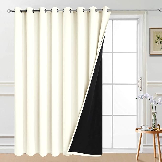 Yakamok Cream 100% Blackout Patio Door Curtain Panels W100 x L96,1 Panel | Noise Reducing Barrier Panel for Sliding Glass Door, 2 Thick Layers Heat Full Light Blocking Patio Door Drapery