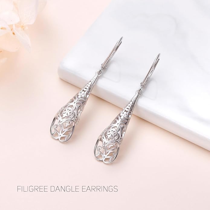 Sterling Silver Leverback Dangle Earrings for Women Teardrop Filigree 14K Gold Plated Dangly Earrings Mother’s Day Gift