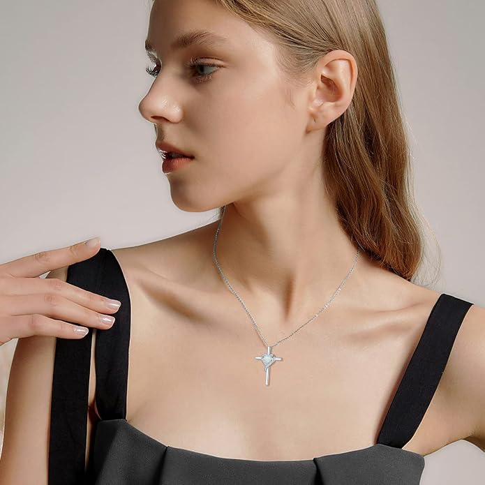 TOUPOP Birthstone Cross Necklace for Women 925 Sterling Silver Heart Cross Pendant Necklace Mothers Day Birthday Jewelry Gifts for Mom Wife Her
