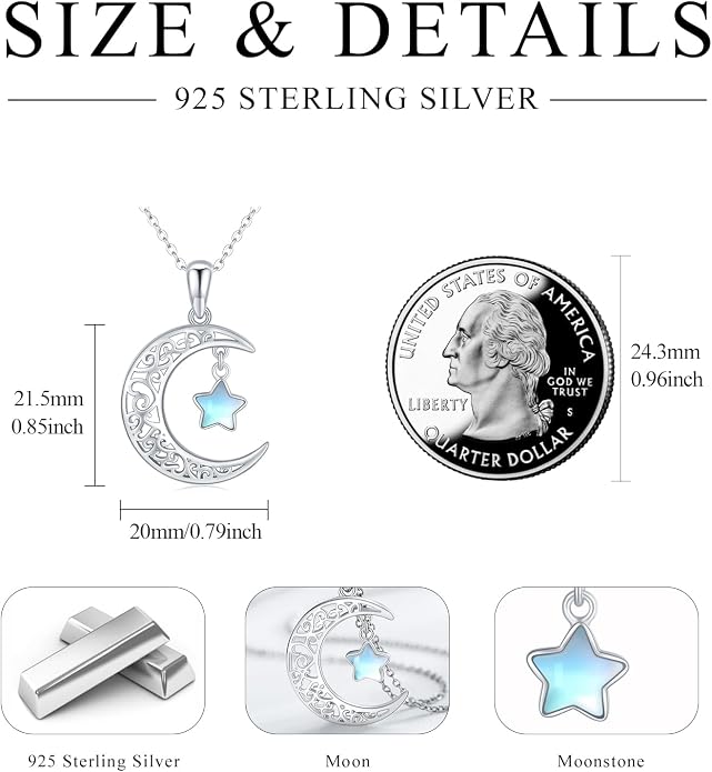 TRISHULA Moon Star Necklace, 925 Sterling Silver Crescent Moon Sun Pendant with Moonstone Crescent Jewelry Gift for Her Sister Birthday Christmas