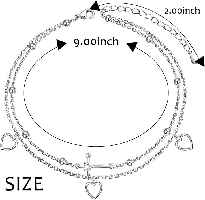 Flyow Anklet for Women S925 Sterling Silver Adjustable Foot Beaded Heart Charm Ankle Bracelet Anklets Jewelry