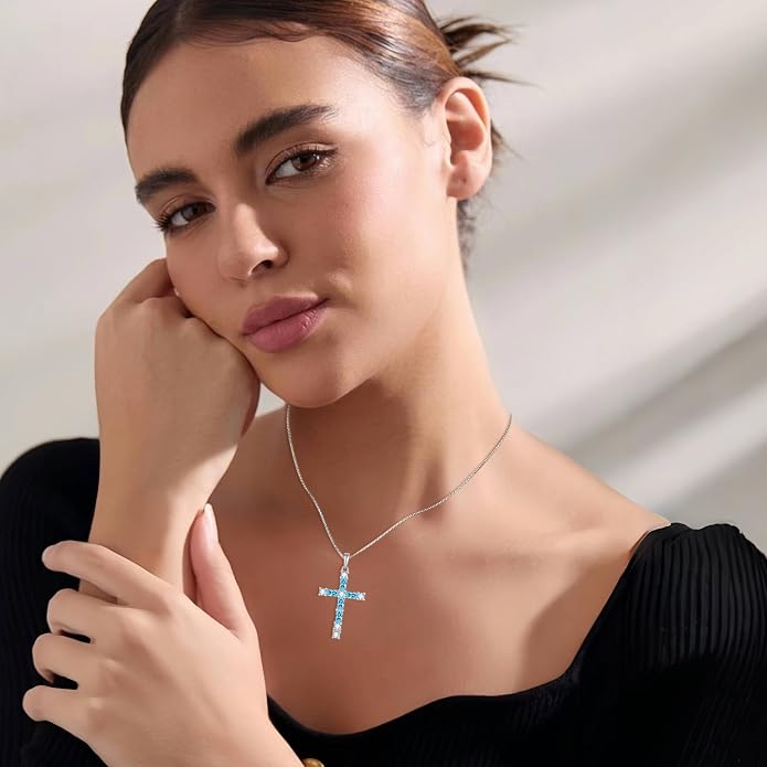 Birthstone Cross Necklace for Women 925 Sterling Silver Christian Religious Crucifix Pendant Rectangular Cut Birthstone Jewelry Gifts for Her