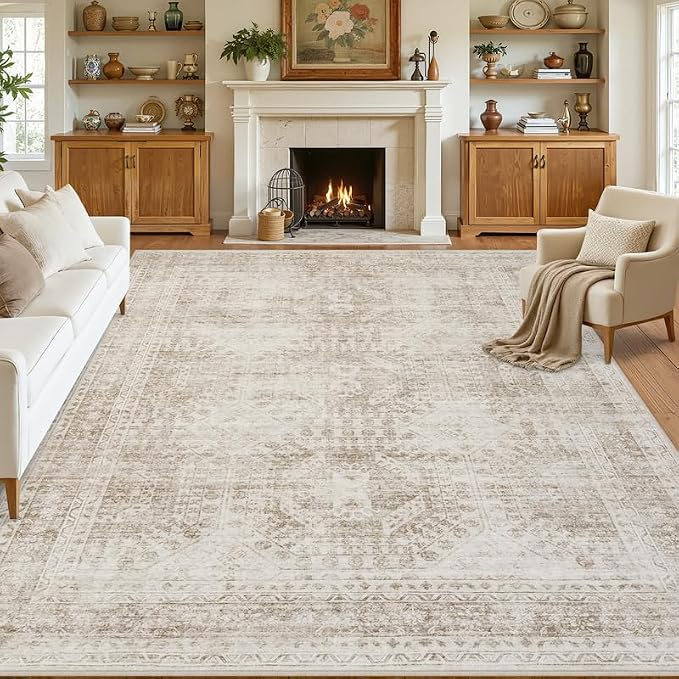 10x14 Area Rug for Living Room: Vintage Boho Neutral Washable Rug Indoor Soft Large Area Rug Carpet for Bedroom Nursery Farmhouse Dining Room Office Floor Non-Slip Low Pile Under Table Rug Brown