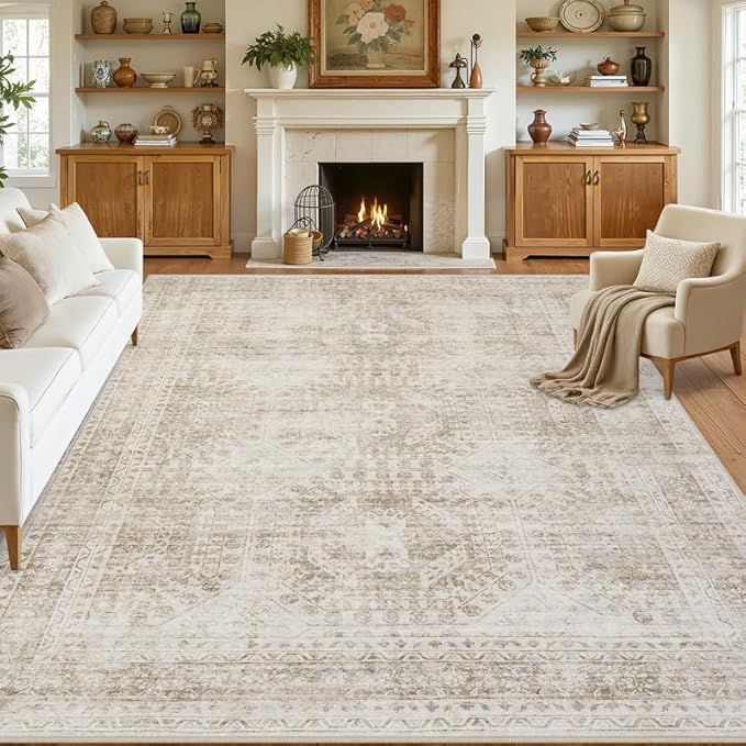 8x10 Area Rugs for Living Room: Vintage Boho Neutral Washable Rug Indoor Soft Large Area Rug Carpet for Bedroom Nursery Farmhouse Dining Room Office Floor Non-Slip Low Pile Under Table Rug Brown