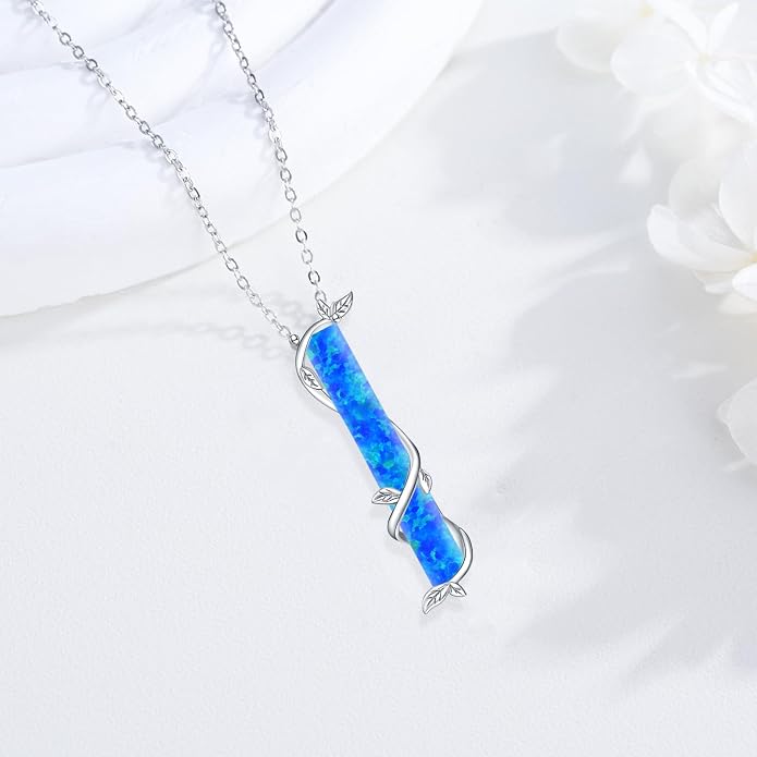 Bar Opal Leaf Necklace For Women S925 Sterling Silver White Opal Pendant with Leaf Charm Bar Pendant Jewelry Gift For Mom Daughter Wife