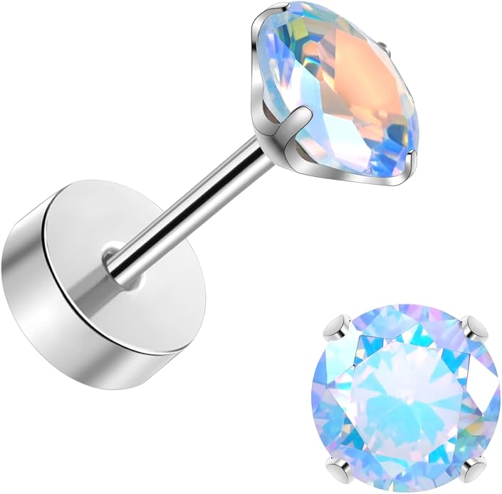 Titanium Earrings for Women Stud Earrings Cubic Zirconia Dainty Screw Flat Back Hypoallergenic Earrings for Women for Multiple Cartilage Helix Conch Tragus Piercing Jewelry for Sensitive Ears
