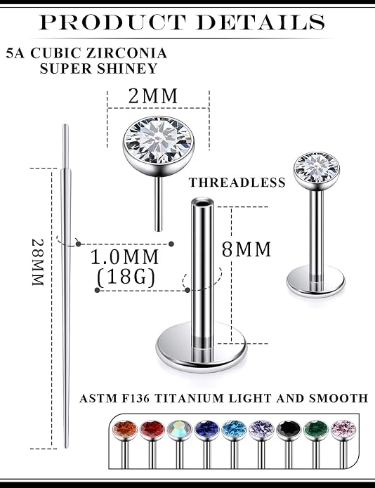 20G 18G 16G Astm F136 Titanium Threadless Flat Back Earrings Nose Studs Tragus Helix Conch Cartilage Lobe Earrings Medusa Labret Snake Bite Monroe Lip Ring Piercing Jewelry For Women Men