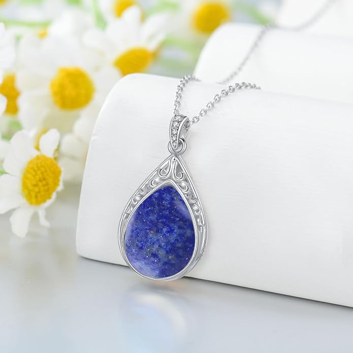 HPQQ Teardrop Necklace 925 Sterling Silver Filigree Gemstone Pendant Necklace Fine Jewelry Birthday Mother's Day Gifts for Women Her Mom