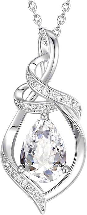 FANCIME Teardrop Birthstone Necklace for Women S925 Sterling Silver Elegant Ribbon Pendent Necklace Birthday Jewelry Gifts for Mom Wife Her, 16"+2" Inches