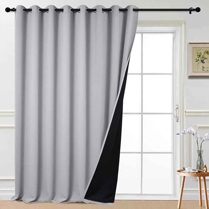 Yakamok Light Grey Blackout Patio Door Curtain Panels W100 x L108, 1 Panel | Noise Reducing Barrier Panel for Sliding Glass Door, 2 Thick Layers Heat Full Light Blocking Patio Door Drapery