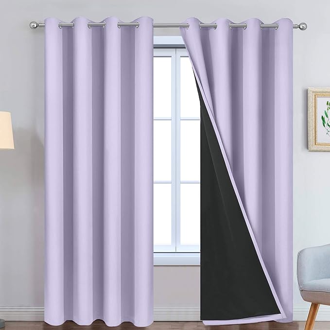 Yakamok Lilac 100% Blackout Curtains 84 Inches Long for Bedroom 52" Wide | Blackout Curtain Panels for Bedroom, 2 Thick Layers Grommet Top Thermal Insulated Drapes with Black Liner for Living Room