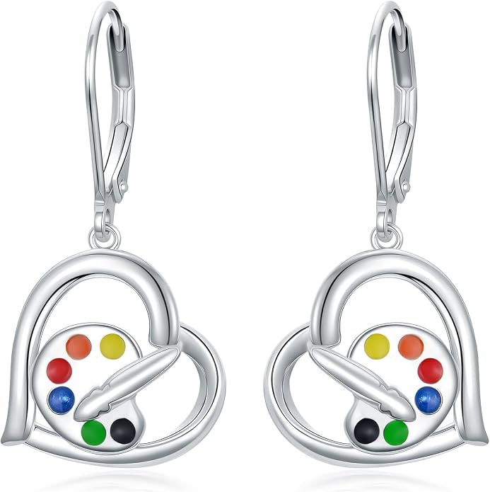 Midari Heart Dangle Earrings 925 Sterling Silver Leverback Drop Earrings Teacher Music Art Jewelry Gifts for Women Students Apple/Guitar/Palette/Note Design