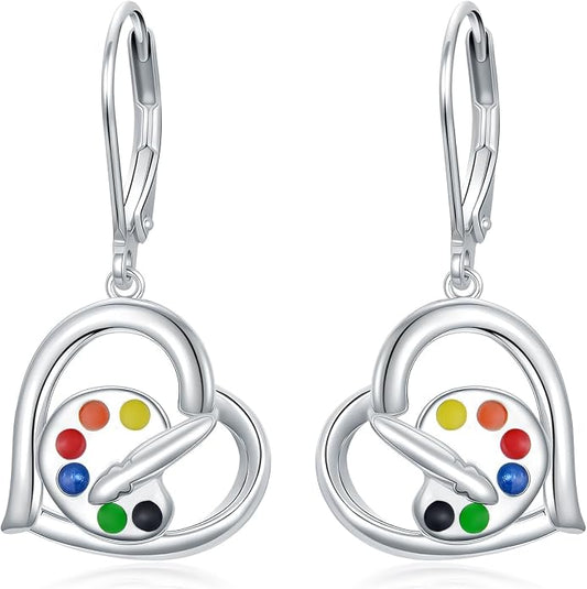 Midari Heart Dangle Earrings 925 Sterling Silver Leverback Drop Earrings Teacher Music Art Jewelry Gifts for Women Students Apple/Guitar/Palette/Note Design
