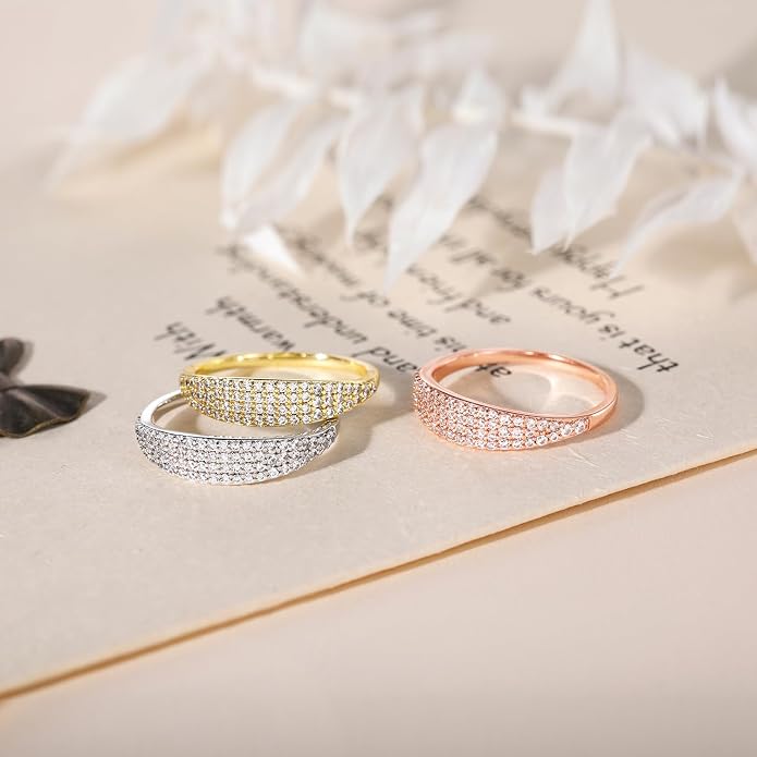 Mameloly Wedding Bands for Women 14K Gold Plated Slim Signet Ring Stackable Pave Cubic Zirconia Dainty CZ Engagement Rings for Her Size 3-12