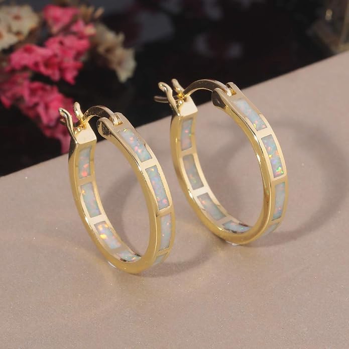 CiNily Sterling Silver/Rose Gold/Yellow Gold Plated Hoop Earrings 20mm,Multicolor Opal Small Hoop Earrings for Women Girls Hypoallergenic Jewelry for Sensitive Ears Gemstone Earrings