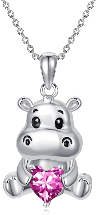 PROESS Animal Birthstone Necklace 925 Sterling Silver Otter/Axolotl/Hippo/Elephant/Dachshund/Monkey/Red Panda Pendant Necklace Animal Birthstone Jewelry Gifts for Women