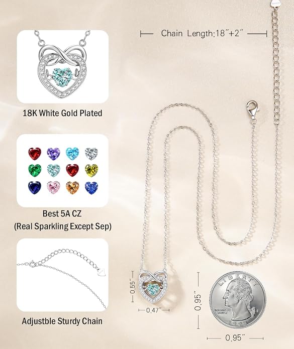 Trendy Dainty Infinity Birthstone Necklace, Dancing Heart 18K White Gold Plated 925 Sterling Silver Heart Necklace, Romantic Love Jewelry Graduation Gifts for Women Her