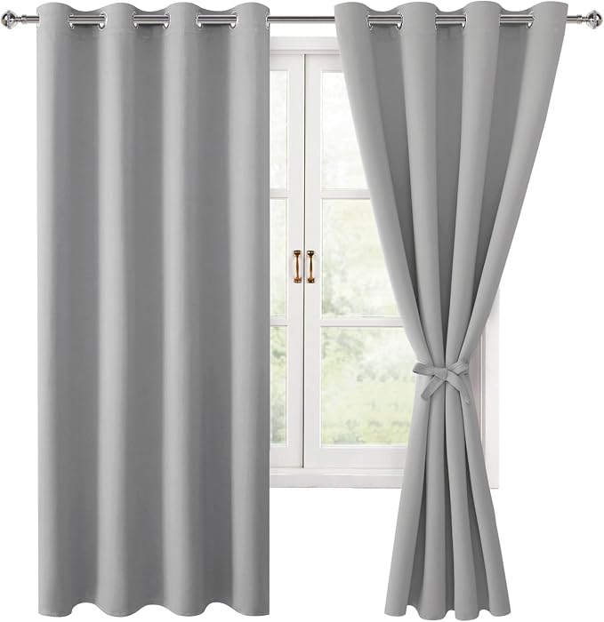Hiasan Blackout Curtains for Bedroom, 52 x 63 Inches Length - Thermal Insulated & Light Blocking Window Curtains for Living Room, 2 Drape Panels Sewn with Tiebacks, Silver Grey