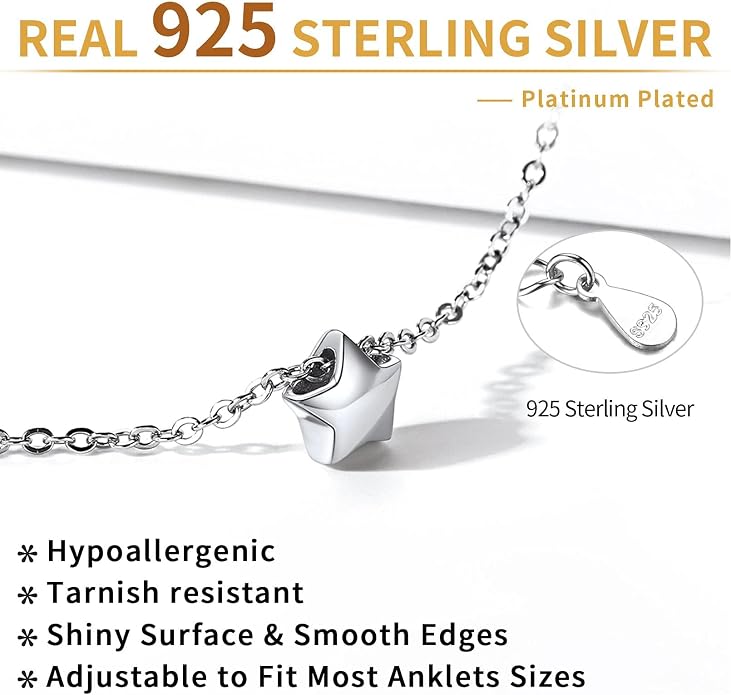 ChicSilver Personalized 925 Sterling Silver Tiny Heart/Moon/Star/Sun/Dot/Triangle Anklets Simple Dainty Foot Jewelry for Women, Silver/Gold Plated/Rose Gold Plated