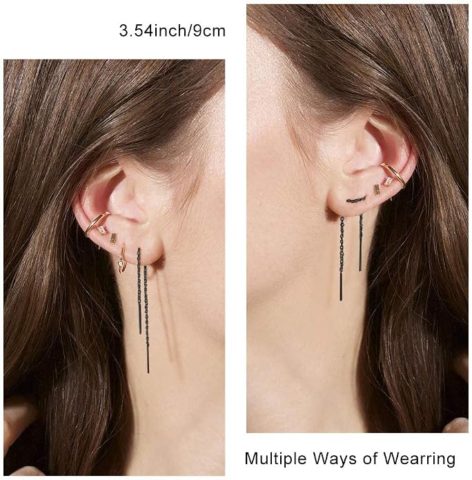 3 Pairs Threader Earrings 925 Sterling Silver Long Chain Earrings Bar/Ball Wrap Threader Drop Earrings for Women Lightweight Minimalist Mother's Day Jewelry Set
