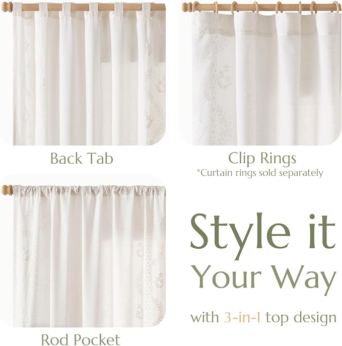 jinchan Floral Linen Curtains 84 Inch Farmhouse Back Tab 2 Panels White | Embroidered curtains,boho curtains,living room,bedroom,light filtering,privacy,flower patterned drapes,window treatment