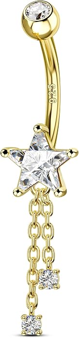 Cocharm 14K Gold Plated Belly Button Rings - 14G 925 Sterling Silver Navel Rings for Women - Dangle Belly Piercing Jewelry